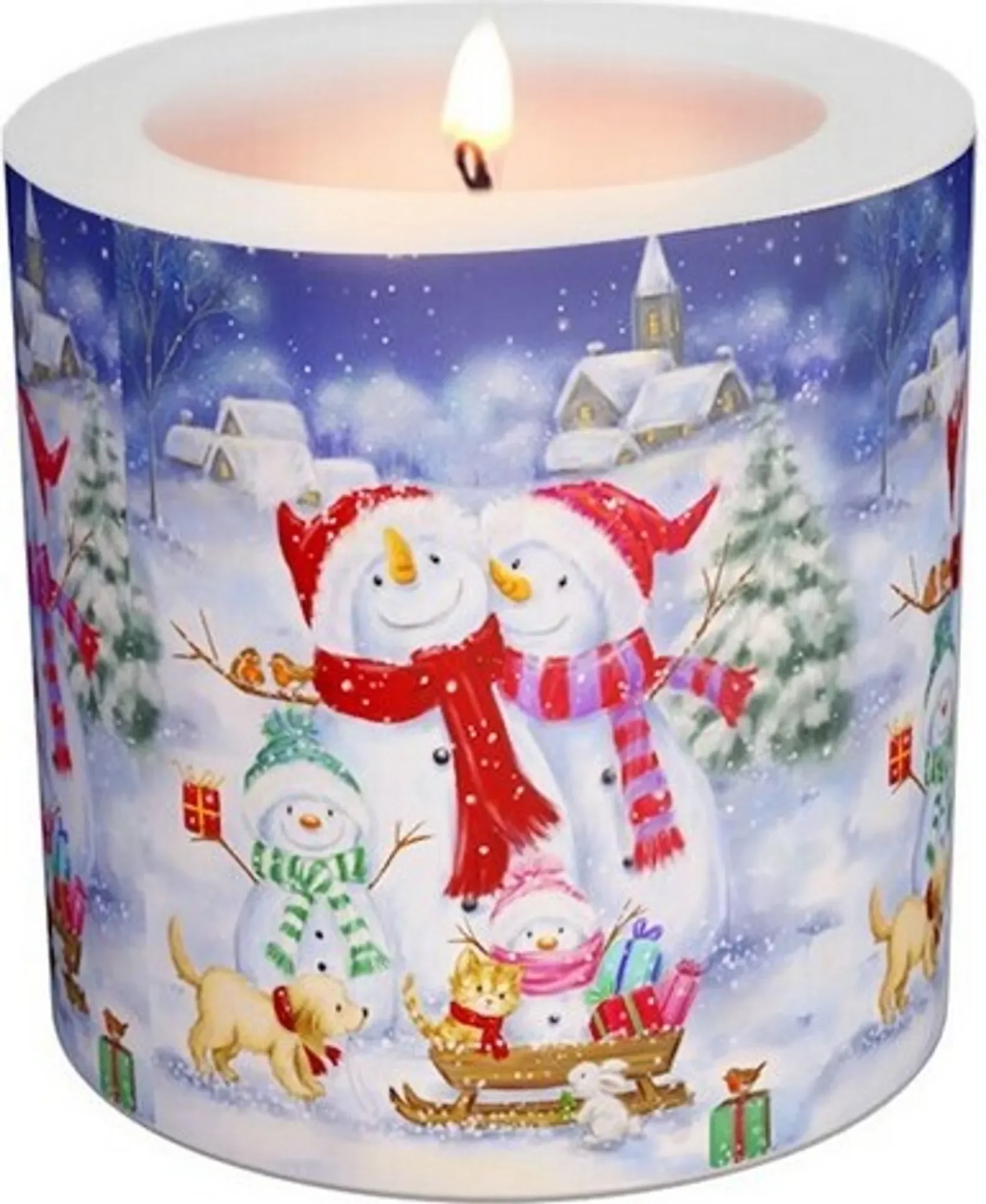 Motivkerze rund „Snowmen Family with Pets“ – Familie Schneemann mit Tieren