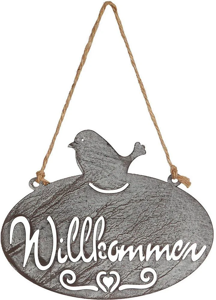 Gartenstecker „Willkommen“ mit Vogel – Metall, Grau