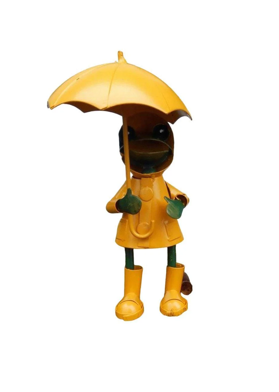 Dekofigur Frosch im Regendress – mit Schirm, gelb